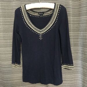 Lucky Brand Long Sleeve Dark Navy Embroidered Peasant Top Size Small